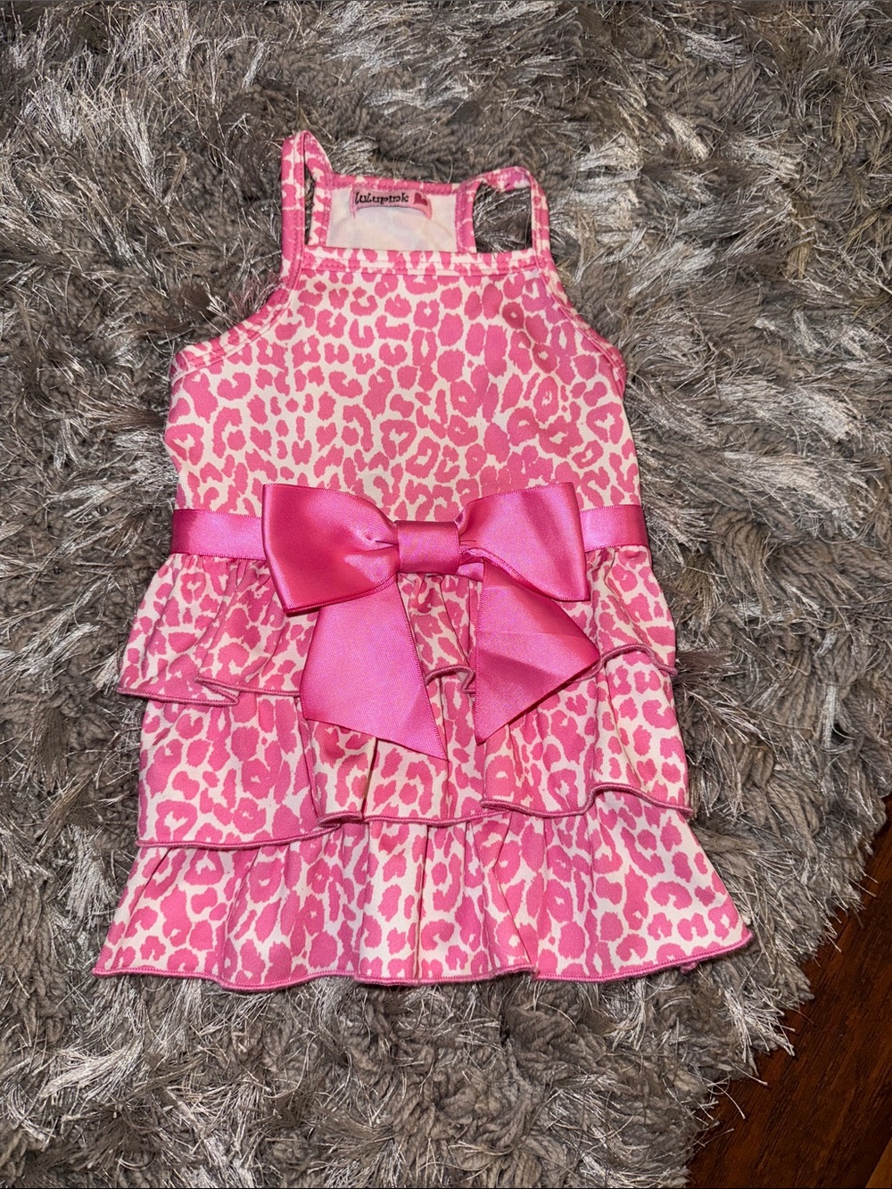 Pink & White Leopard Print Ruffle Dog’s Dress with Pink Satin Bow